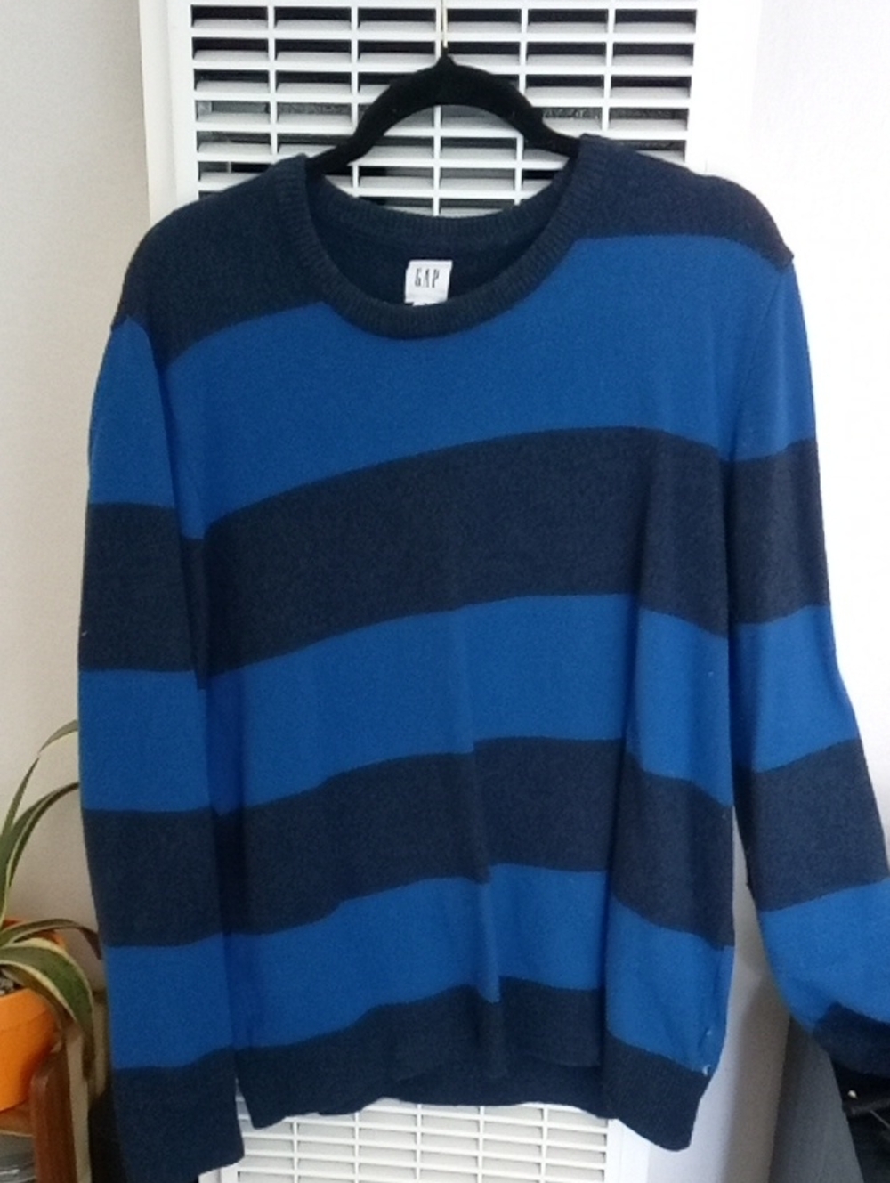 GAP Blue and Dark Gray Wide-Striped Crewneck Sweater
